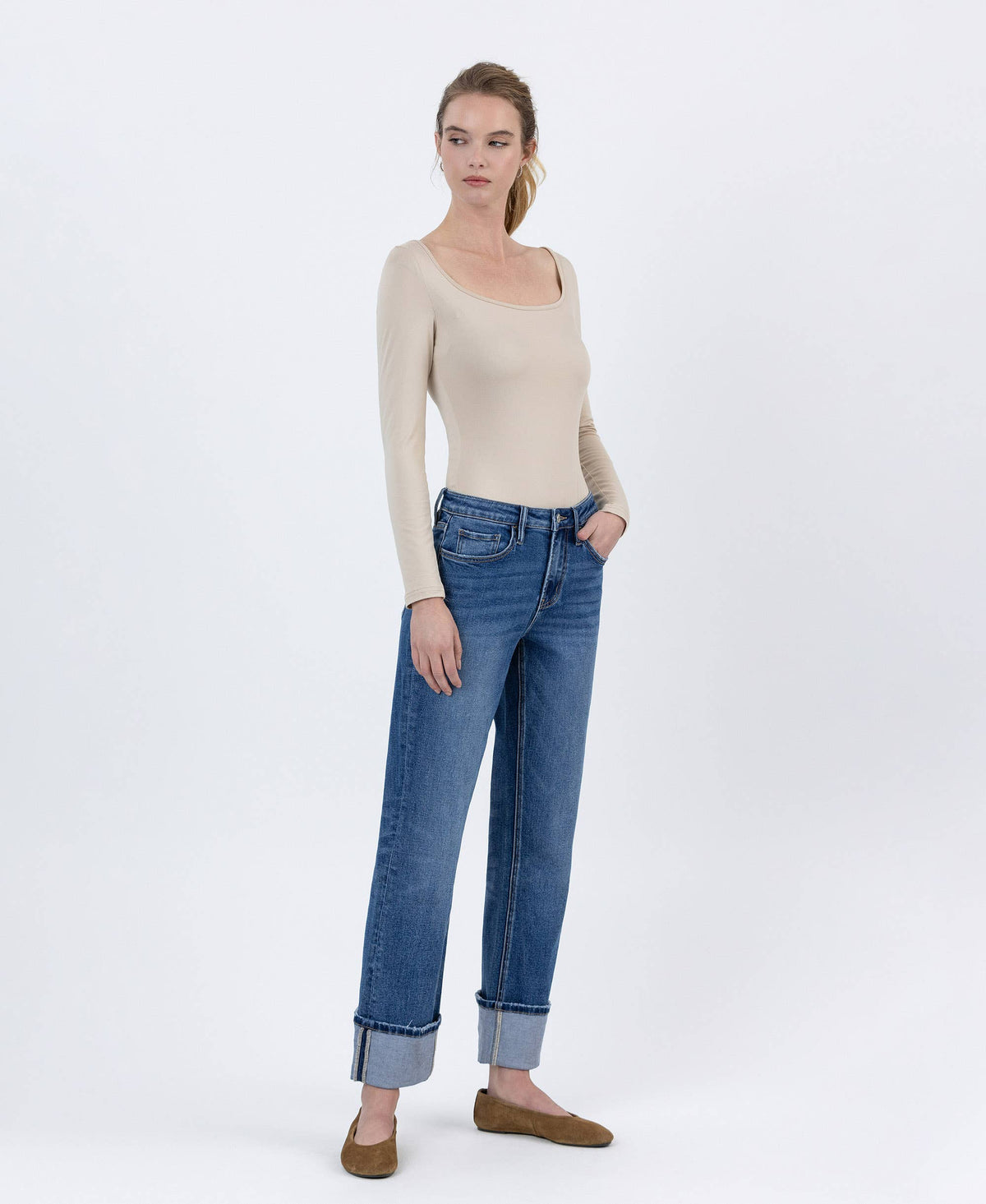 Lovervet "Hallie" Cuffed Straight Leg Jeans: Dark Wash