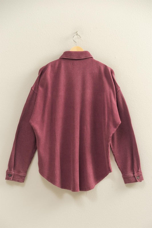 Maribel Oversized Mineral Washed Waffle Knit Shacket – Women’s Casual Button Down Shirt Jacket
