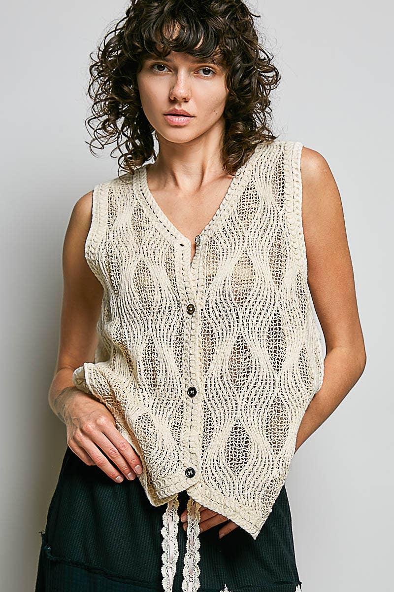 The Rowan Crochet Vest Top – V Neck Button Front Sleeveless Knit Layering Vest