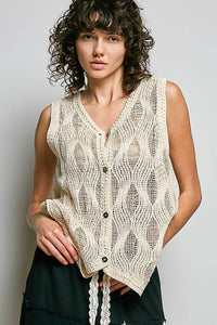The Rowan Crochet Vest Top – V Neck Button Front Sleeveless Knit Layering Vest