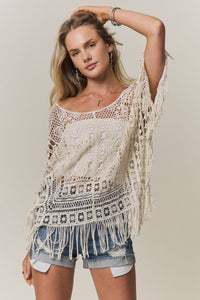 FRINGE HEM CROCHET TOP - CESW3015: Natural / ONESIZE(6)