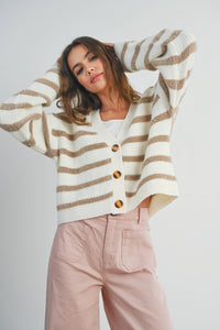 The Charlotte Striped Button Front Cardigan – Cozy Long Sleeve Cropped Knit Sweater