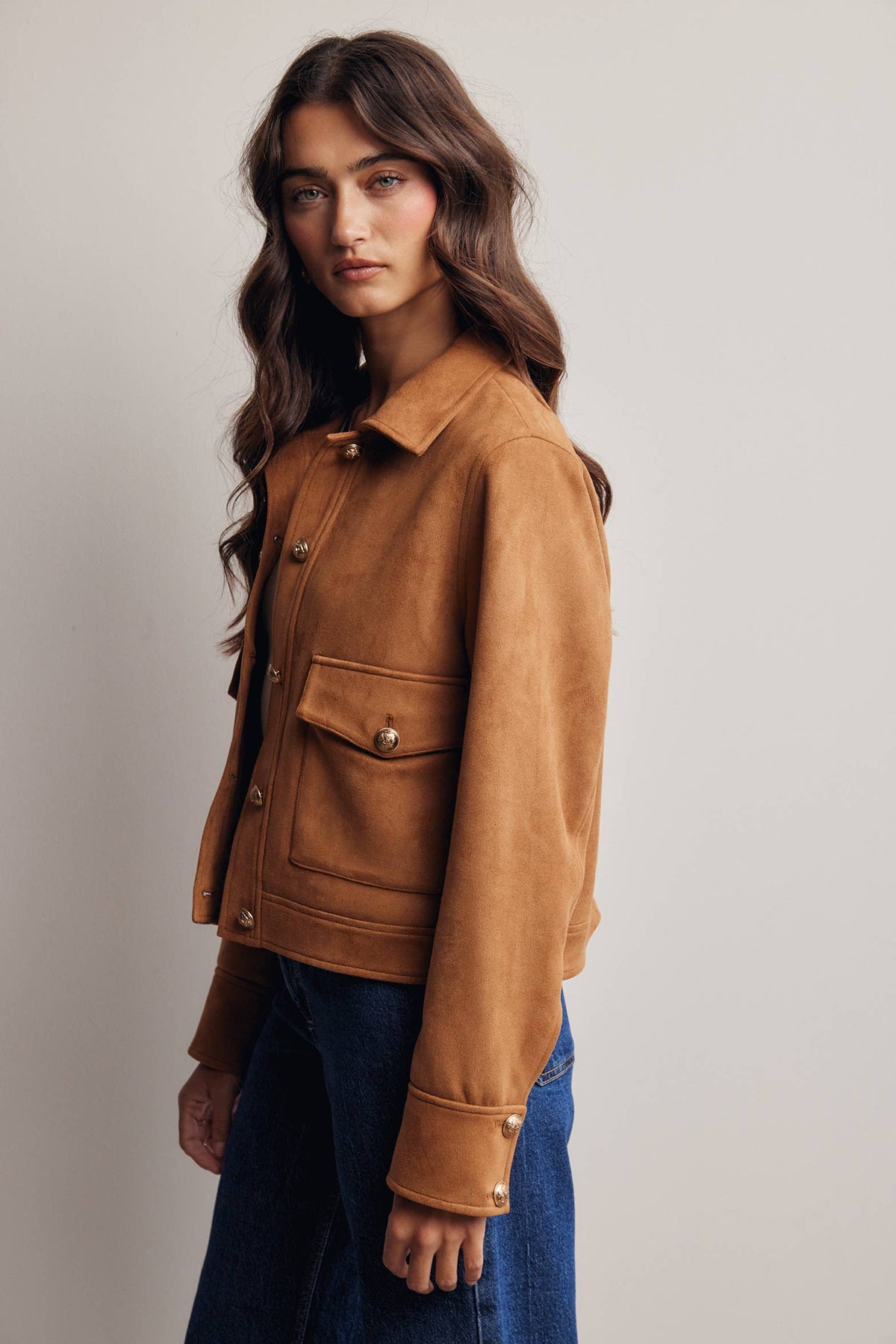 Sierra Stretch Suede Cropped Jacket: Camel