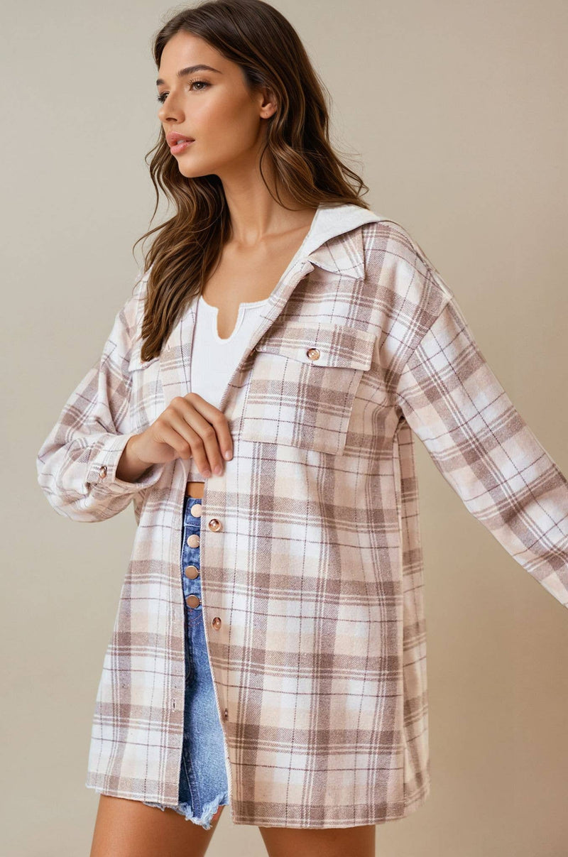 Olivia Hooded Plaid Shacket: Beige