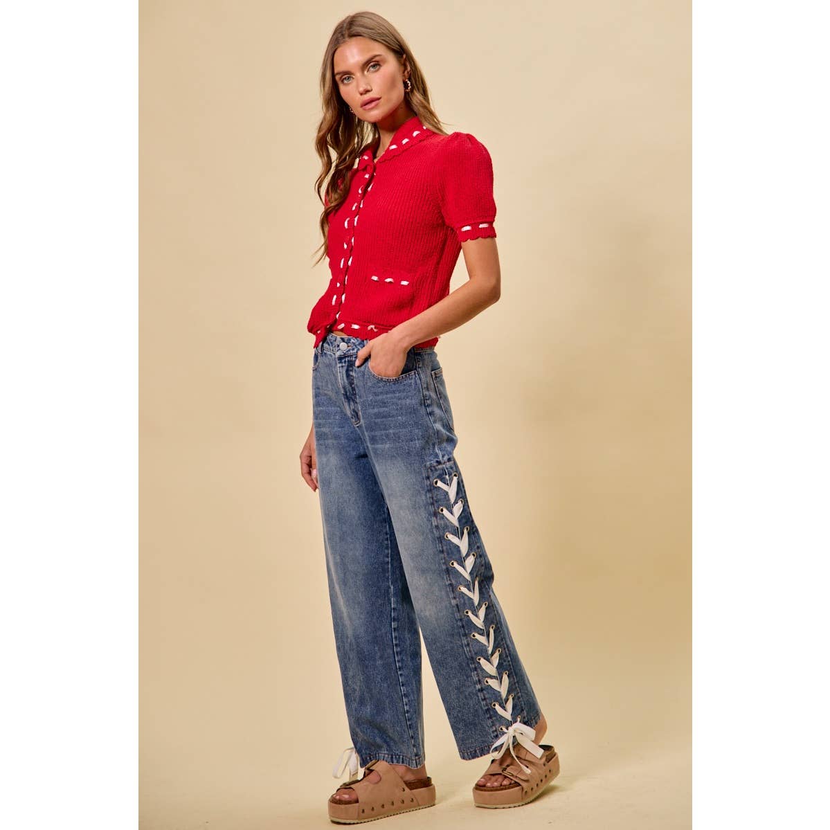 The Lacey Mid Rise Lace-Up Straight Leg Jeans: Medium Wash