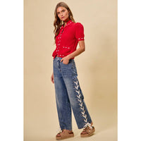 The Lacey Mid Rise Lace-Up Straight Leg Jeans: Medium Wash