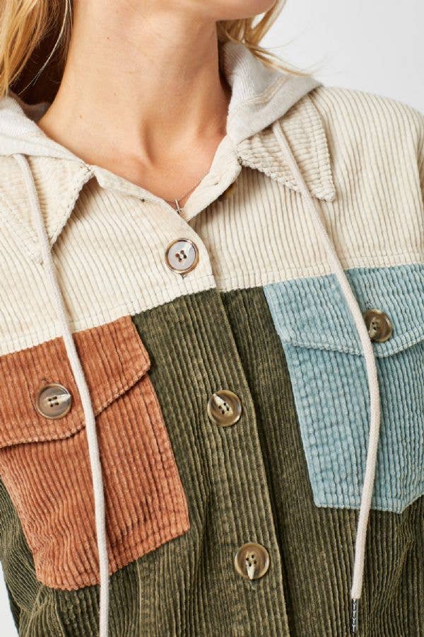Sadie Color Block Corduroy Hoodie Shacket – Washed Button Down Hi-Low Hem