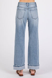 Sawyer Low Rise Baggy Straight Jeans – Light Wash Cuffed Denim with Soft Stretch