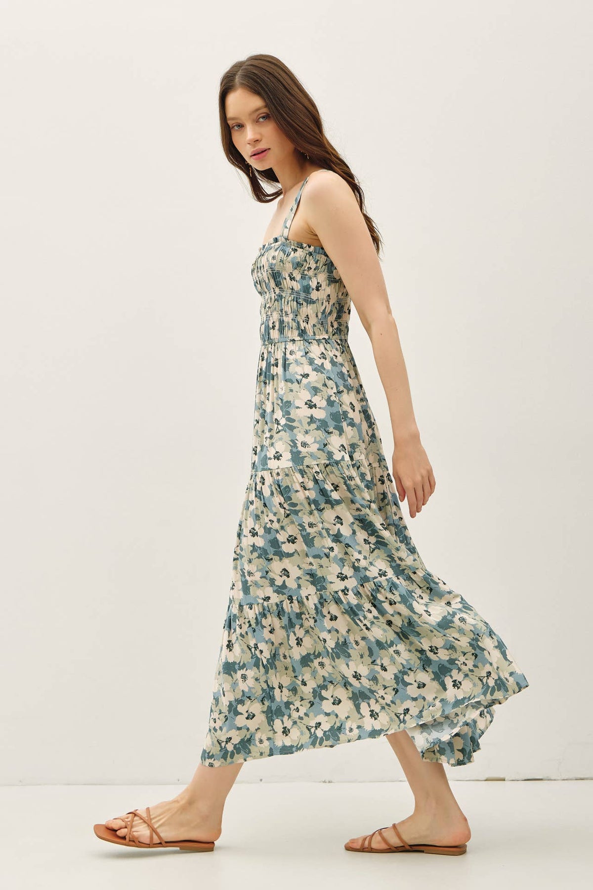 The Ellery Floral Tiered Midi Maxi Dress: Teal – Smocked Back Adjustable Strap Boutique Dress for Women