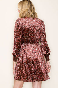 Elowen Velvet Floral Dress – Long Sleeve Smocked Waist Holiday Party Mini Dress with Pockets