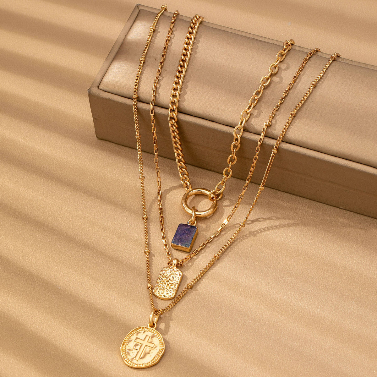 Gold Multi Layer Celestial Cross Necklace – Blue Geometric Stone Charm Necklace