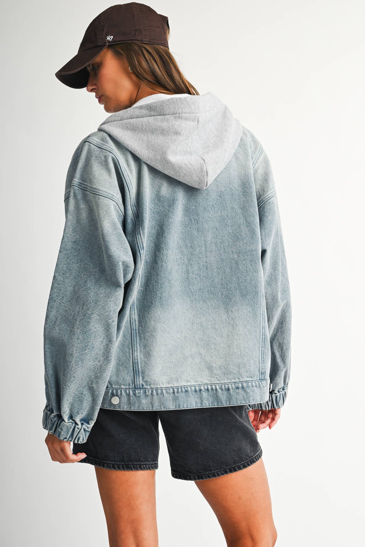 Off the Clock Mineral Wash Denim Hoodie Jacket: Light Wash