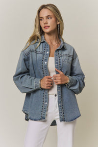 Maren Embroidered Denim Button-Up Shacket: Medium Wash