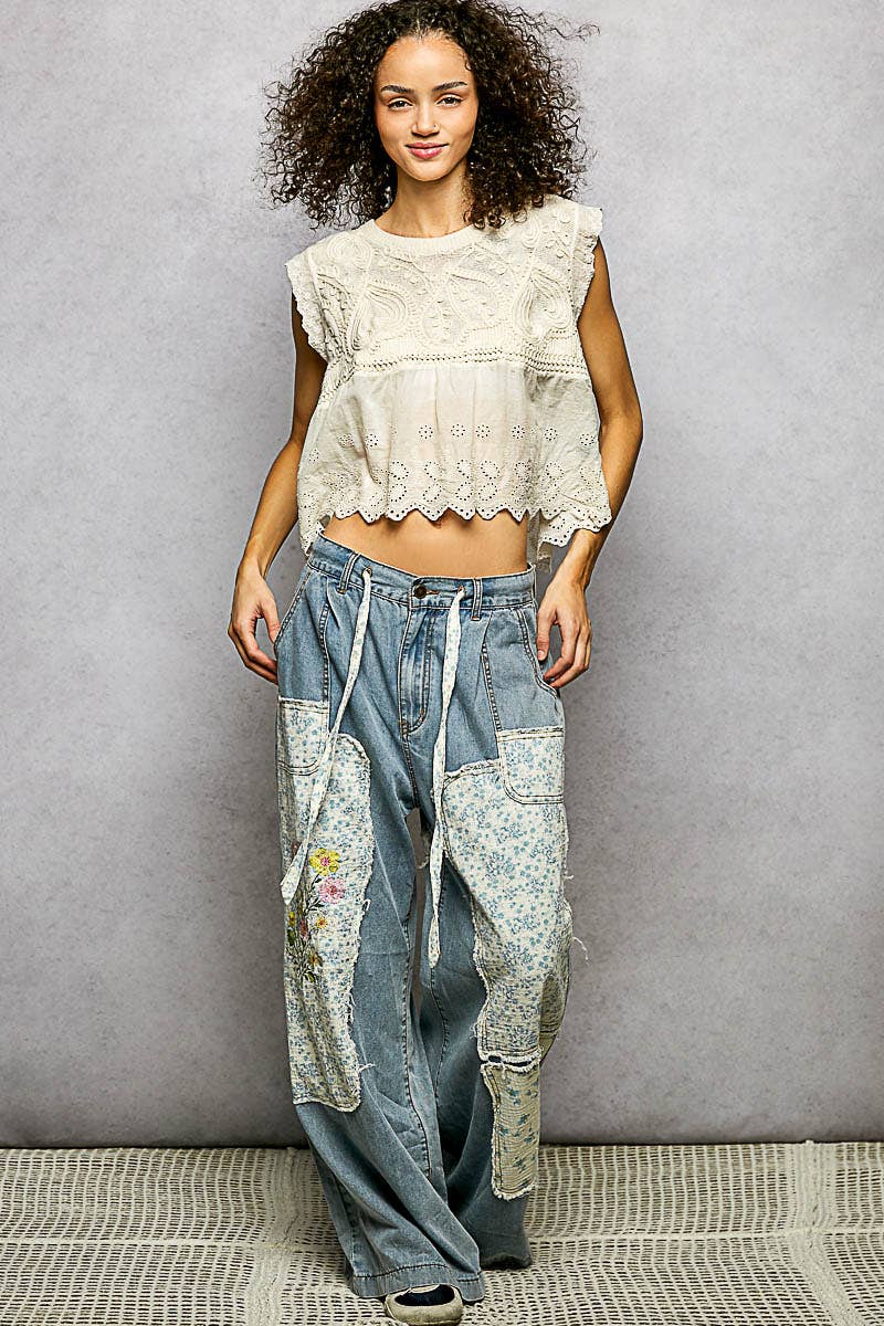 Willow Mae Boho Crochet Sleeveless Top with Embroidered Eyelet Hem: Natural