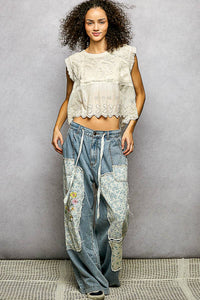 Willow Mae Boho Crochet Sleeveless Top with Embroidered Eyelet Hem: Natural