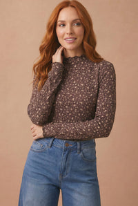 Meadow Mock Neck Floral Ribbed Top: Brown