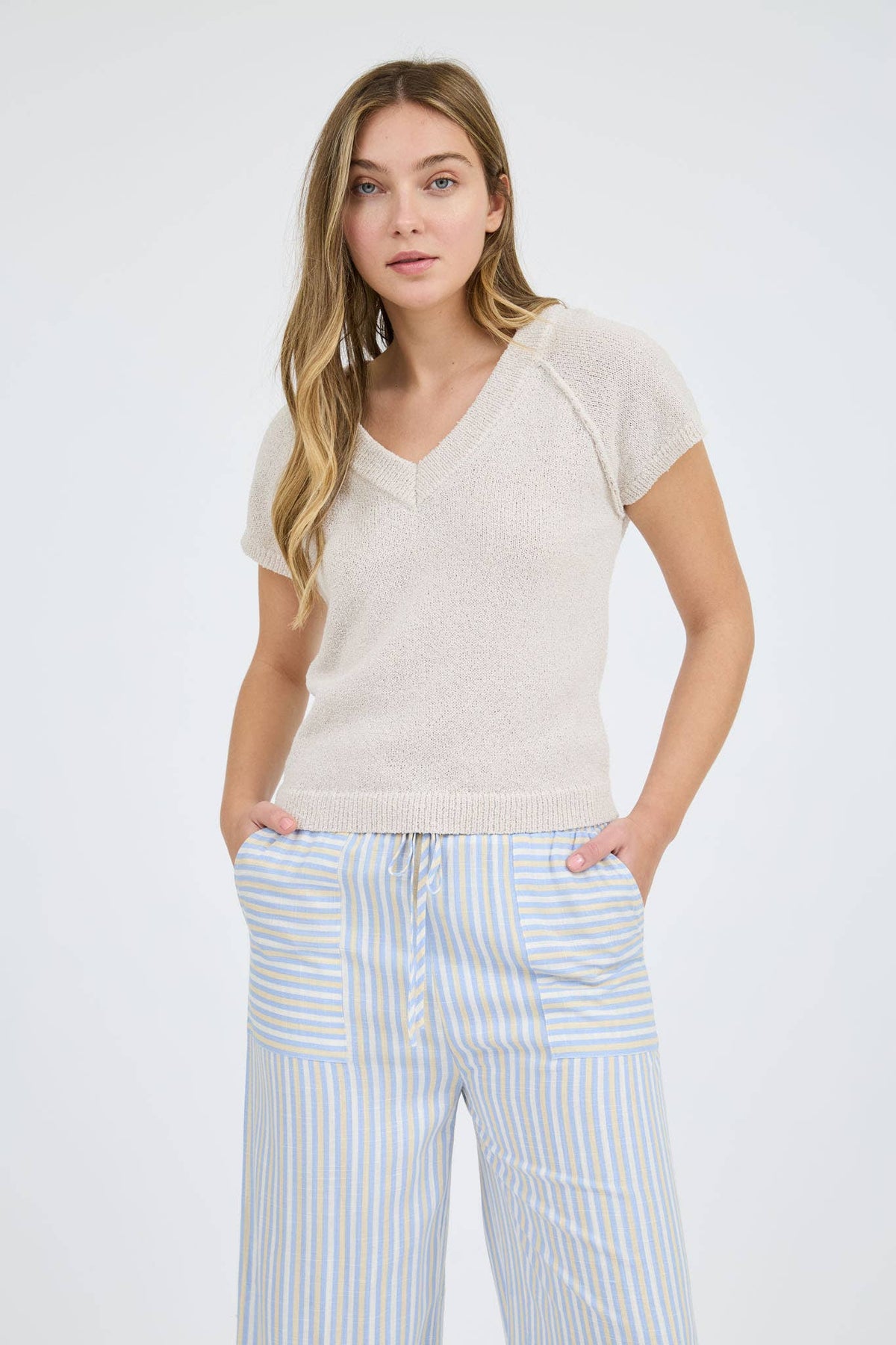 Raya V-Neck Short Sleeve Lightweight Sweater Top – Casual Summer Knit Pullover