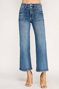 Petra153 "Sutton" Patch Pocket  High Rise Slim Wide Leg Jeans: Medium Wash
