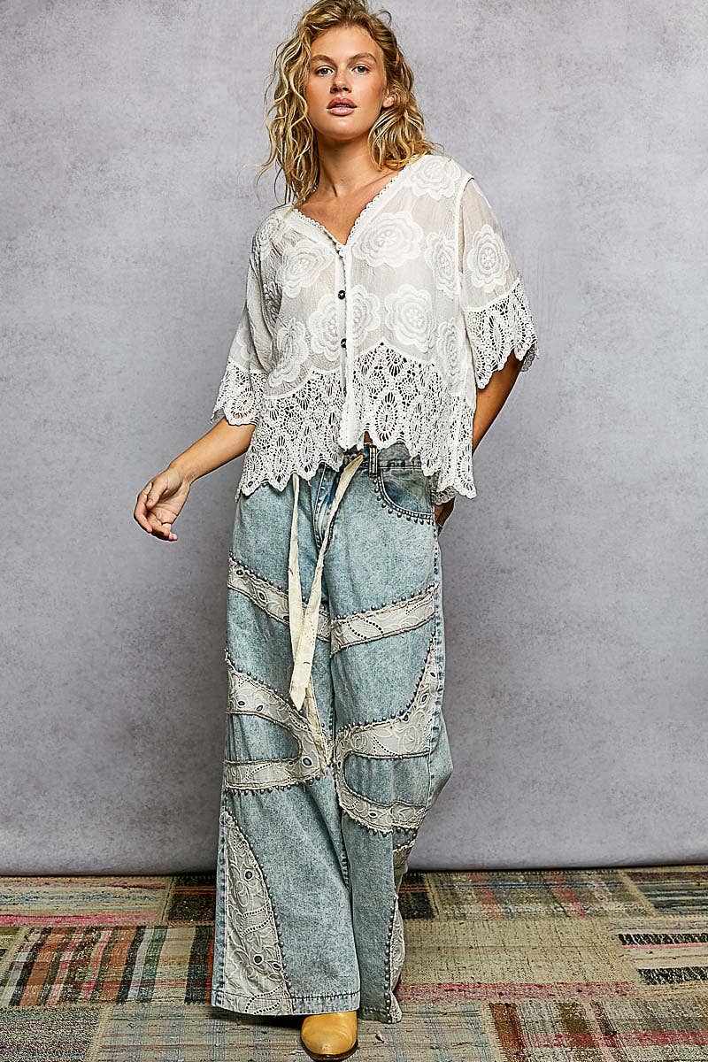 Crochet Trim Neckline Short Sleeve Jacket Top: TAUPE / Os