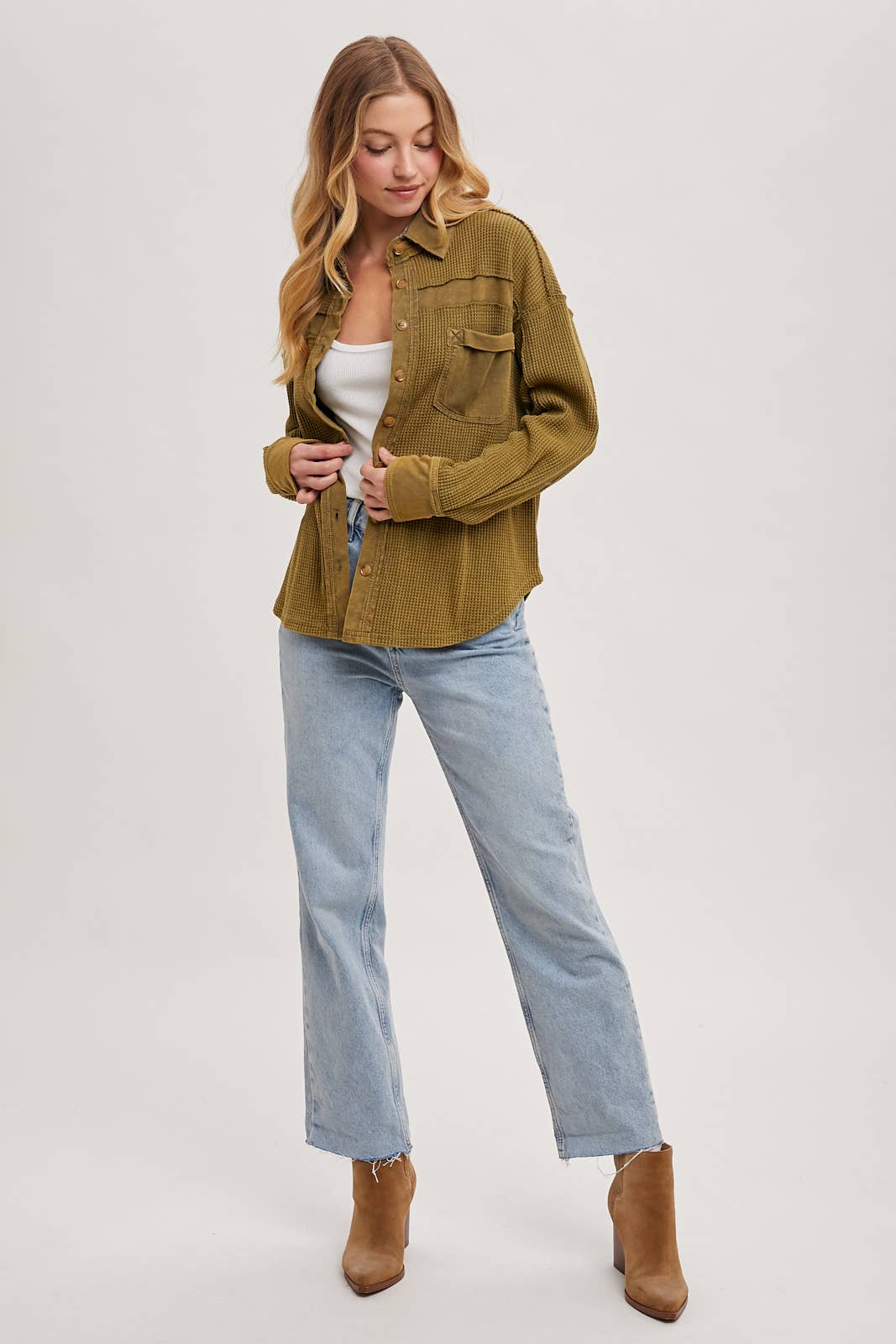 The Calla Thermal Contrast Shacket:Olive – Textured Button-Down Layer | Northern Belle Boutique