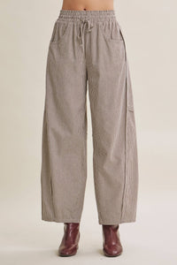 ALL ABOUT COMFORT ELASTIC STRIPE COTTON BARREL PANTS: DK. GREEN / L
