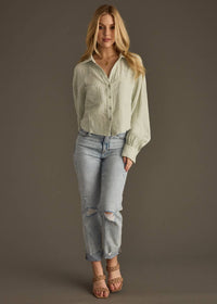 Farrah Sage Gauze Light Weight Button Up Long Sleeve Blouse