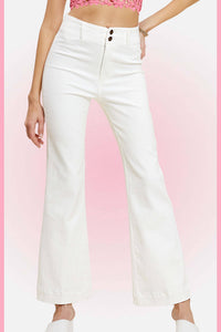 Olive High Rise Wide Leg Flare Pants – Soft Washed Stretch Denim
