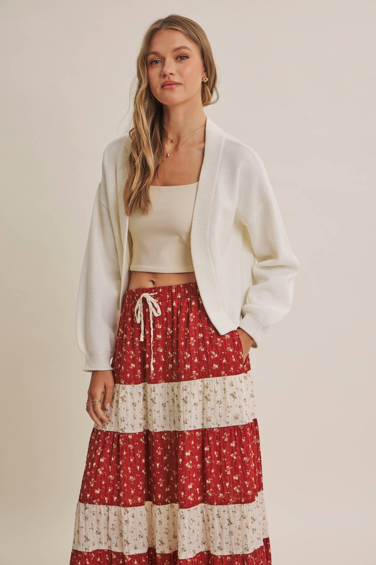 EVERYDAY ESEENTIAL EASY LAYERING BALLOON SLV WAFFLE CARDIGAN: OLIVE / L
