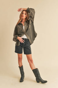 The Judie Mixed Media Vintage Wash Jacket : Charcoal – Relaxed Button Front Layering Shacket for Women