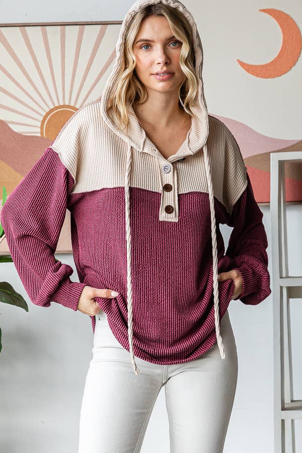 Elena Ribbed Button Front Hoodie – Colorblock Knit Pullover with Bishop Sleeves