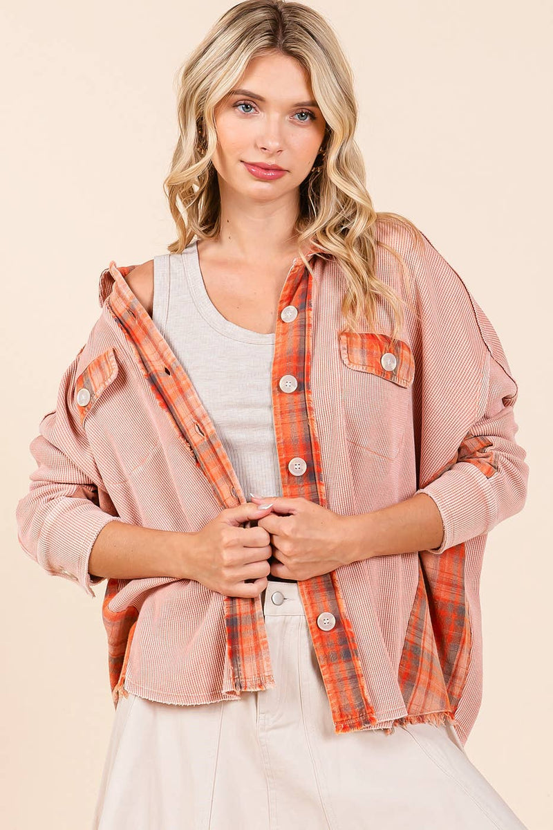 The Jolene Plaid Contrast Waffle Knit Button Down – Mineral Washed Rustic Rose