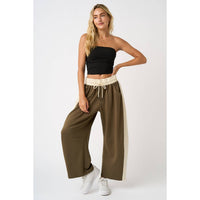 Olive Cloud Knit Contrast Stripe Barrel Pants: Olive/Ivory