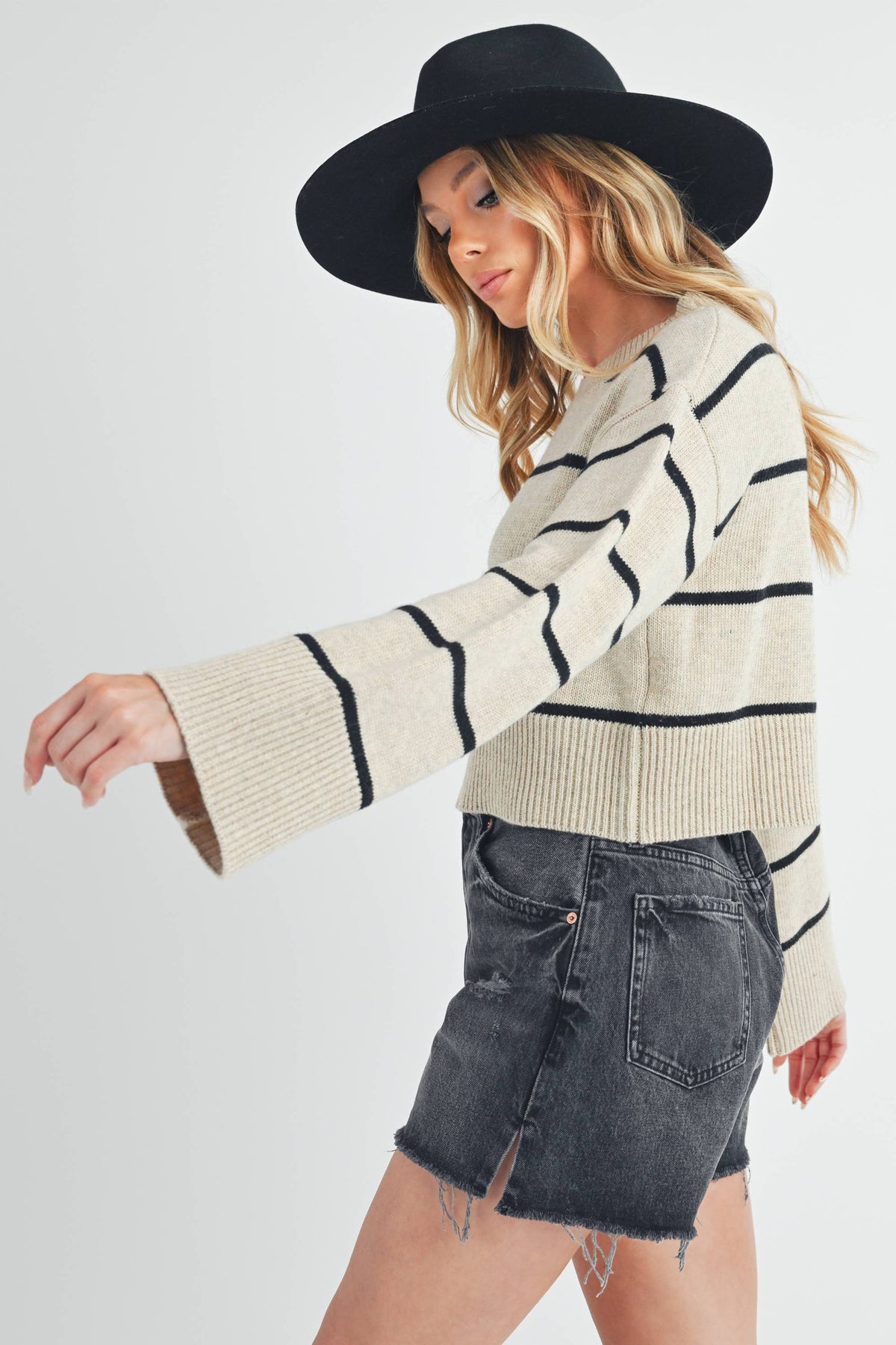 Ainslie Cashmere-Blend Striped Sweater: Oat/Black – Cropped Boxy Fit with Wide Sleeves & Ribbed Trim