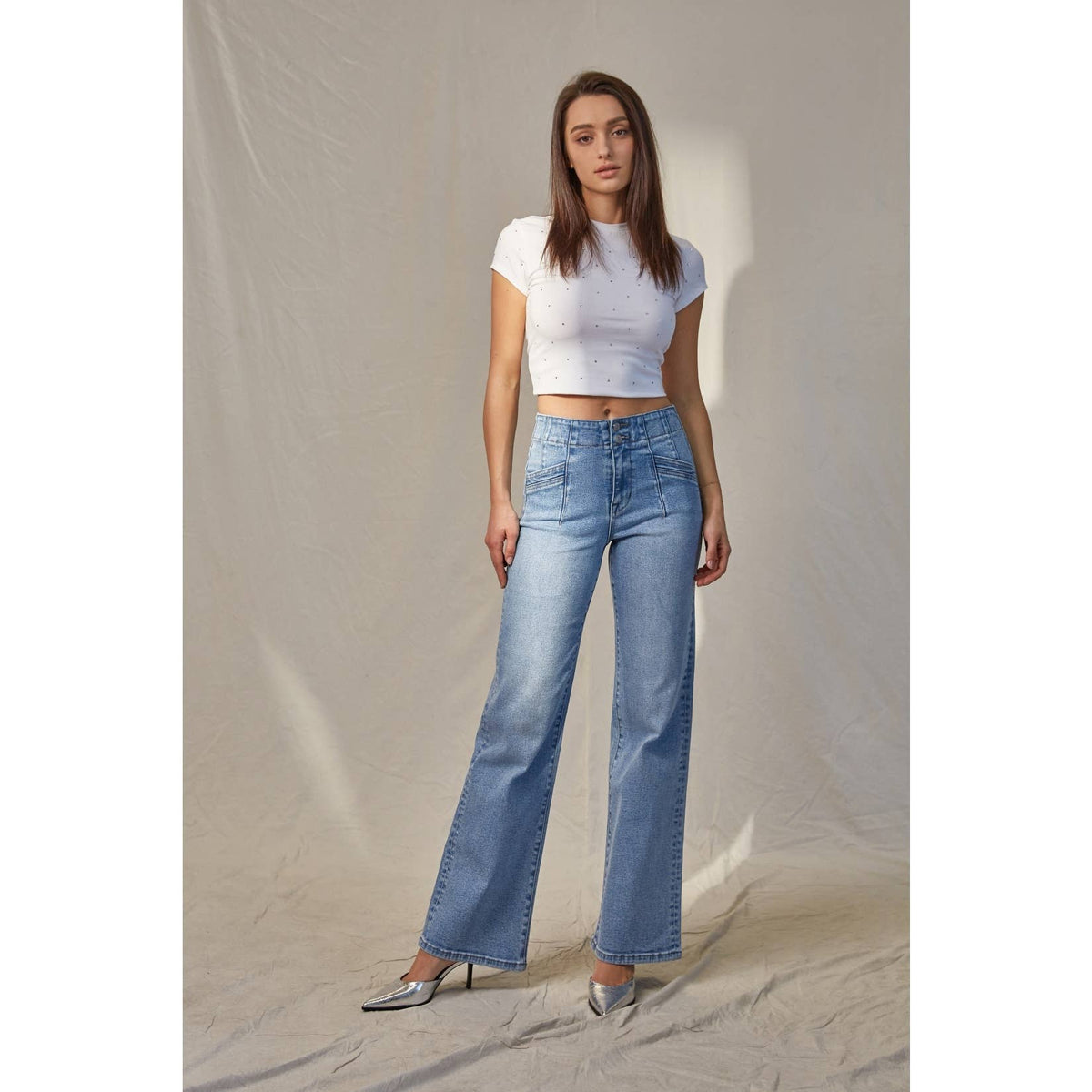Mica Denim "Maris" High Rise Wide Leg Jeans – Light Wash Denim