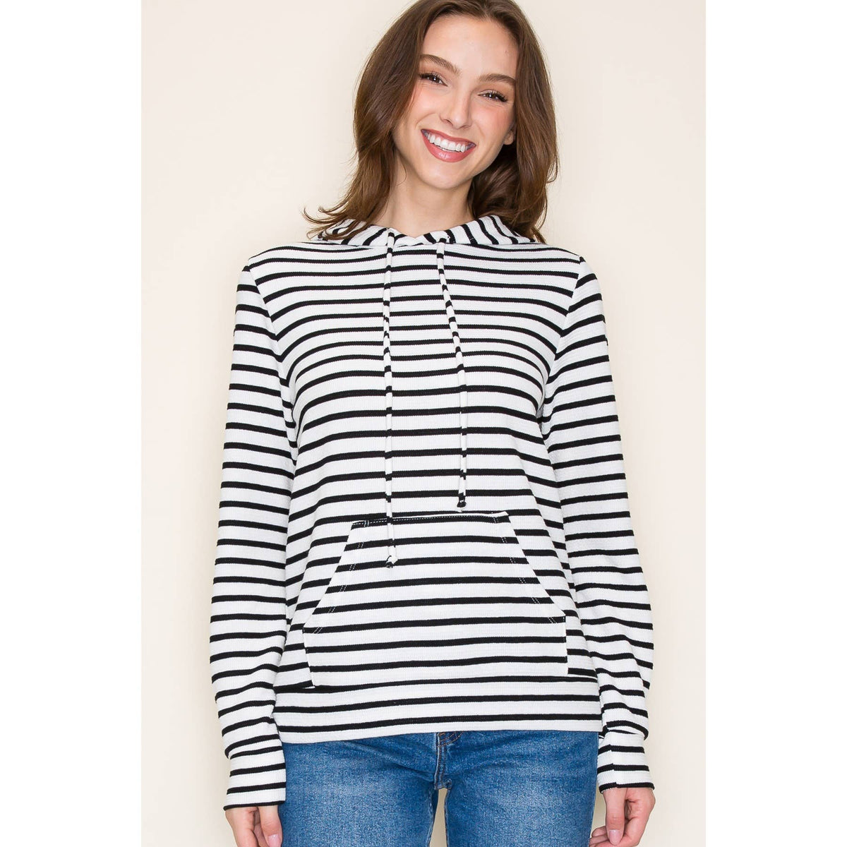 Everyday Essential Striped Long Sleeve Hoodie Top: Black/Ivory