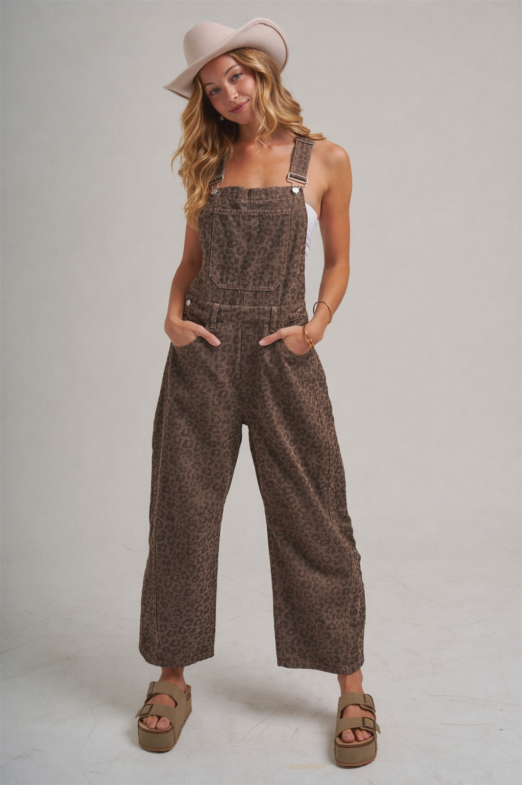 Savannah Vintage Leopard Barrel Leg Overalls