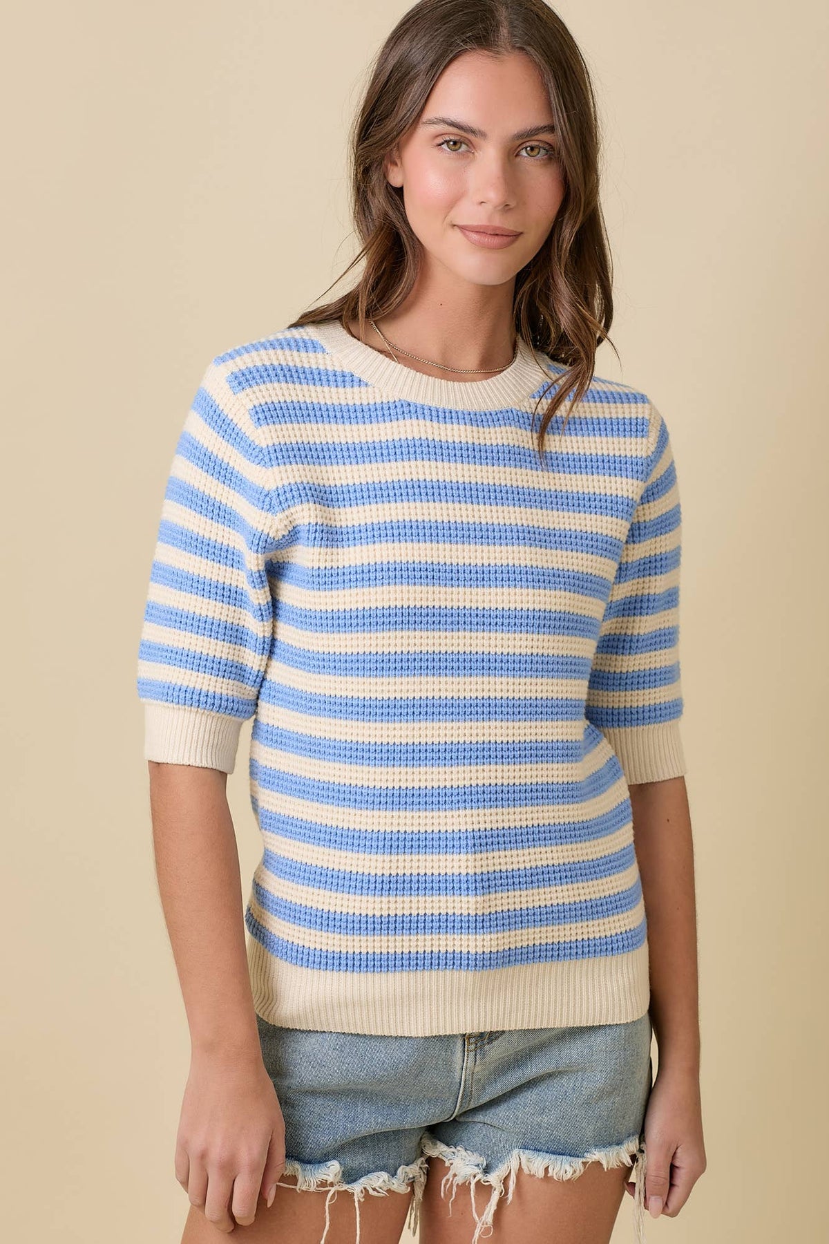 The Camden Stripe Knit Top: Cream/ Blue
