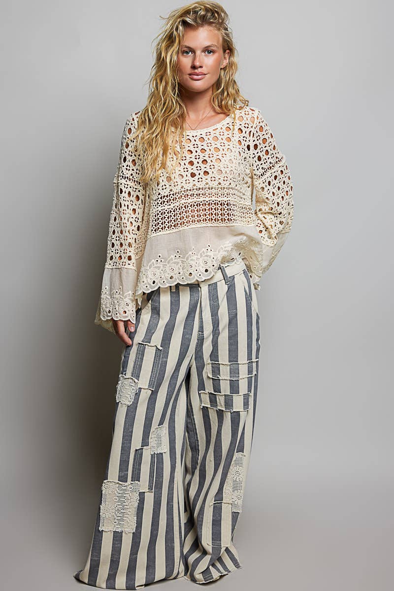 Long Sleeve Round Neck Women Crochet Top: NATURAL / OS