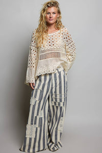 Long Sleeve Round Neck Women Crochet Top: NATURAL / OS