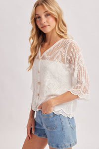 Ivory Embroidered Sheer Lace Button Front Blouse