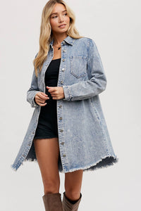 Billie Denim Distressed Long Sleeve Shirt Dress: Medium Wash