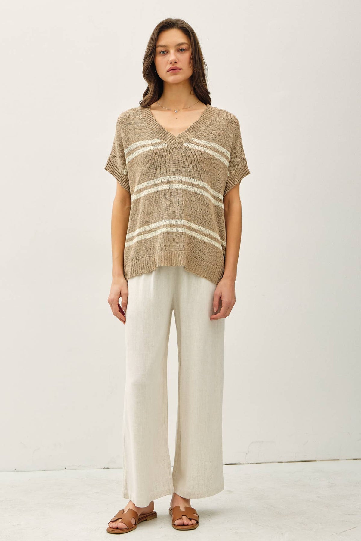 The Elodie Striped V-Neck Sweater: Taupe  – Oversized Lightweight Cap Sleeve Knit Top