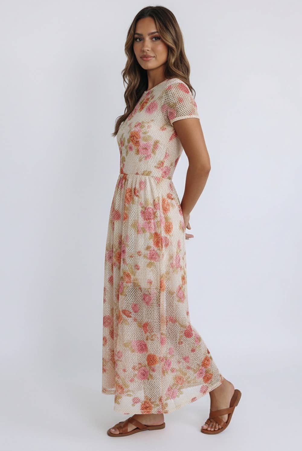 The Eliza Bloom Mesh Midi Dress: Oatmeal/Multi
