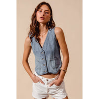 The Hudson Denim Vest: Light Wash  – Vintage Wash Button Front Denim Top