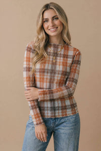 Autumn Theory Plaid Mesh Layering Top: Oatmeal/ Rust