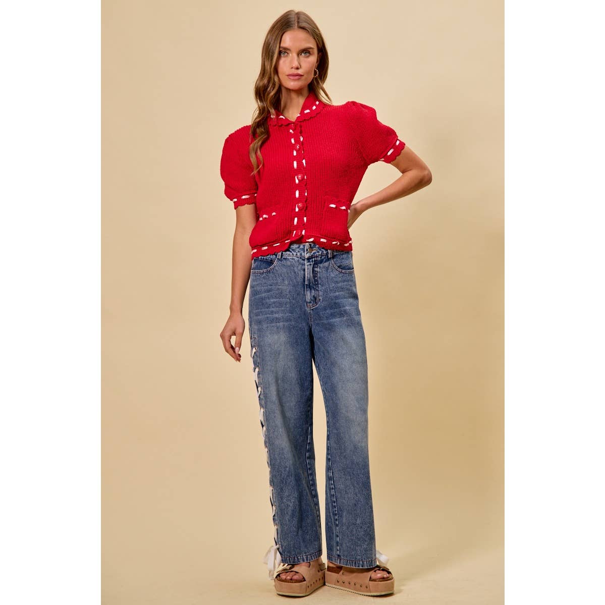 The Lacey Mid Rise Lace-Up Straight Leg Jeans: Medium Wash