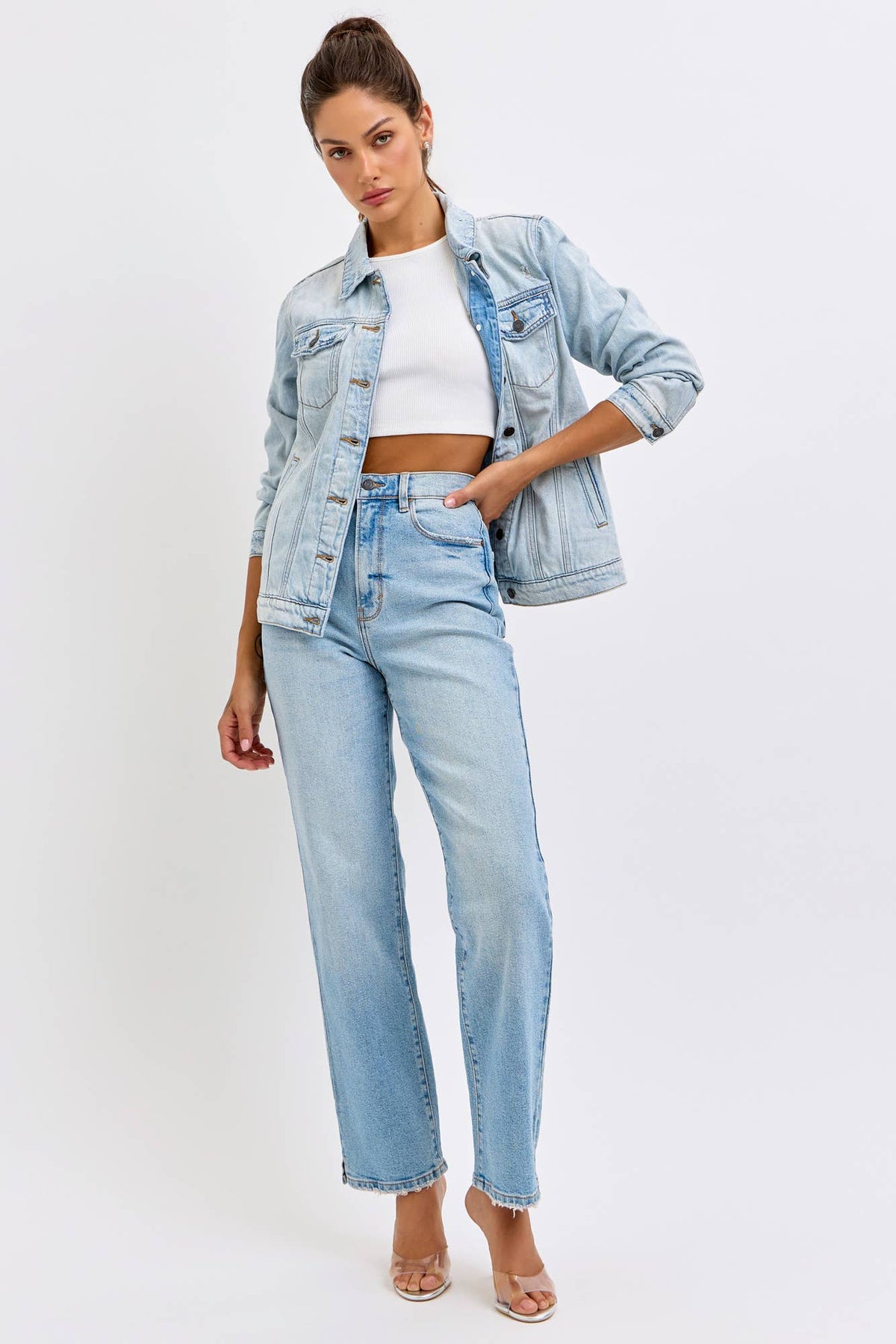 Delilah Oversized Denim Jacket – Women’s Lightweight Distressed Jean Jacket