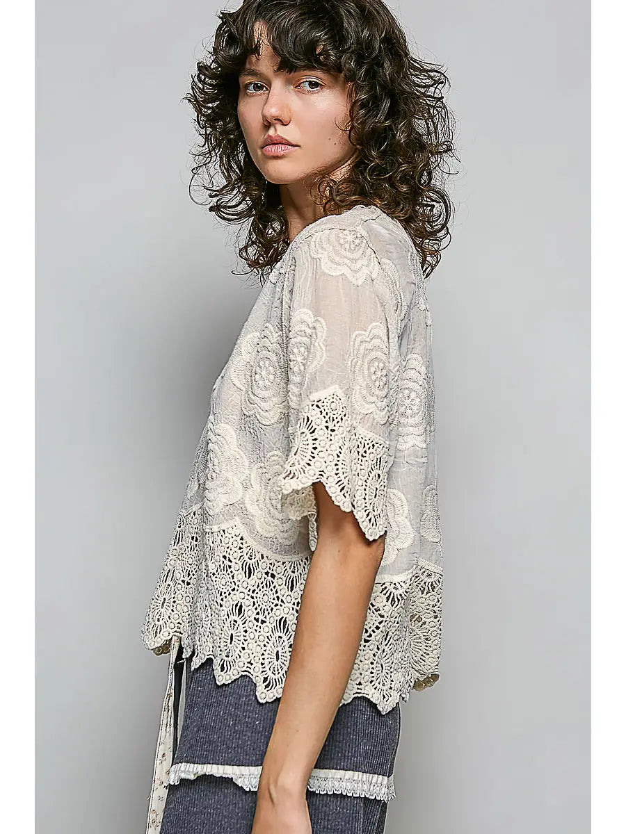 Selena Crochet Button-Front V-Neck Top