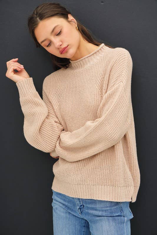 The Monroe Chunky Knit Sweater: Beige – Cozy Mock Neck Pullover