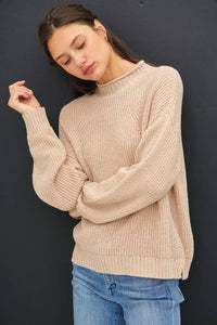 The Monroe Chunky Knit Sweater: Beige – Cozy Mock Neck Pullover